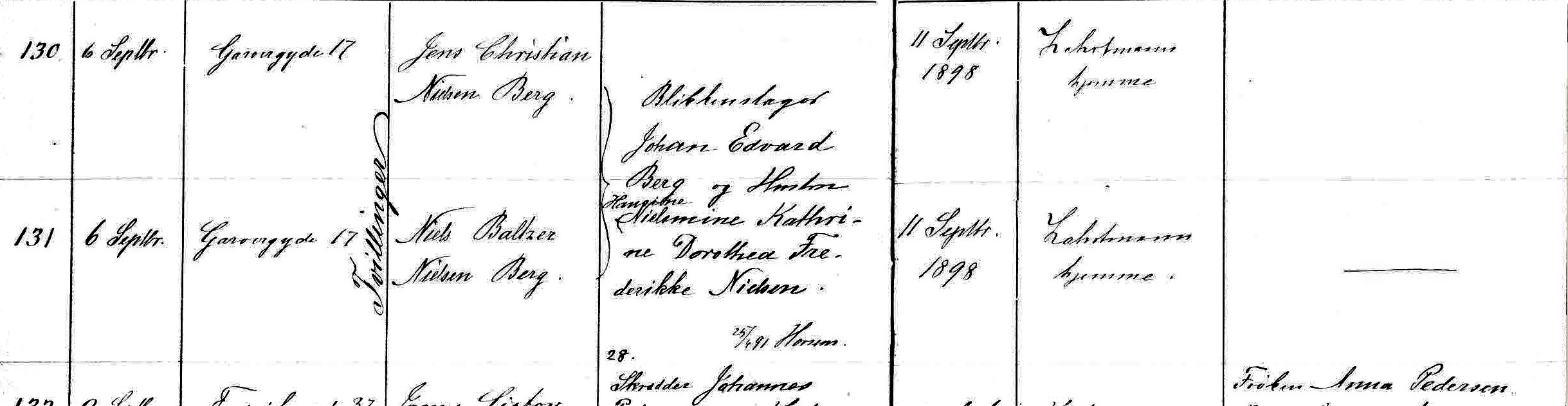 Udsnit af Vor Frue Aarhus kirkebog, Jens Chr. Nielsen Berg og bror